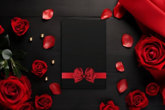 Mockup blank black greeting card with red rose flower on dark wood background. Valentine's day-wedding. presentation. advertisement. copy text space.	