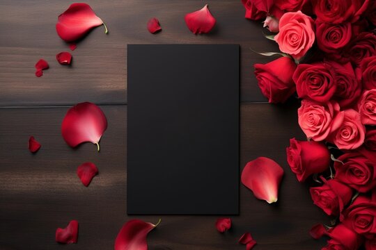 Mockup blank black greeting card with red rose flower on dark wood background. Valentine's day-wedding. presentation. advertisement. copy text space.	