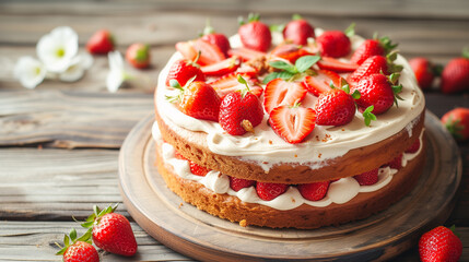 Fraisier mousse cake. Strawberry cake on a wooden background. Summer dessert. Copy space. - obrazy, fototapety, plakaty