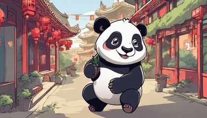 A cartoon panda bear holding a bamboo stick