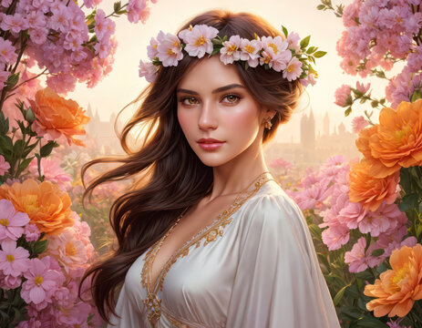 Spring girl in a white dress and a wreath on her head near flowering trees. Concept of spring, holiday, mom