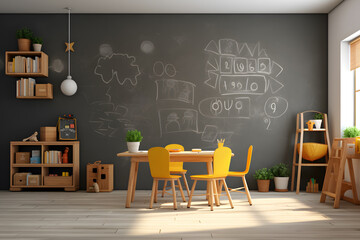 A childrens space with a minimalist wall mounted chalkboarD