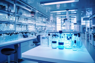 Busy Laboratory Showcasing Numerous Liquid Bottles for Scientific Experiments, The laboratory is used for scientific research to test and research therapeutic vaccines, AI Generated
