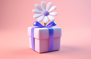 small gift box with flower 3d illustration on pink background. 3d mockup 8 march