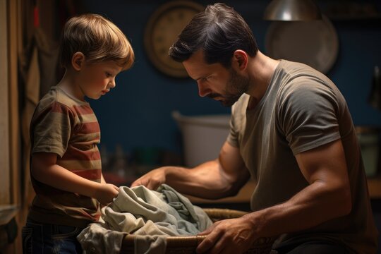 A man and a boy stand side by side, carefully considering a variety of clothes on display, The son helps his father load dirty laundry into washing clothes, AI Generated