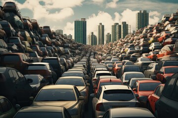 Numerous cars filling the street with parked positions, Traffic jam with rows of cars, AI Generated