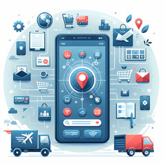 illustrating the concept of online shopping and shipping through a mobile app.
