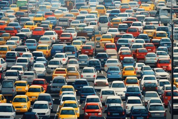 Fototapeta premium A bustling urban street jam-packed with numerous parked cars creating a scene of congestion, Traffic jam with rows of cars, AI Generated