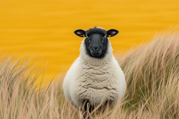 A sheep in black and white standing on some grass. Generative Ai.