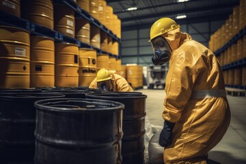 Two Men in Yellow Coverall and Safety Suit Standing Together, Two factory workers or inventory inspector conduct professional inspection on hazardous chemical barrels in warehouse, AI Generated