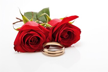 A pair of vibrant red roses elegantly placed together, portraying love and affection, Two wedding rings and red roses isolated on white, AI Generated