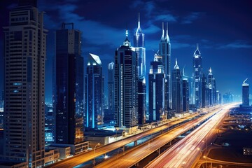 Fototapeta na wymiar A captivating view of a bustling cityscape teeming with monumental high-rise buildings against the sky, United Arab Emirates, Dubai, cityscape with Sheikh Zayed Road at night, AI Generated