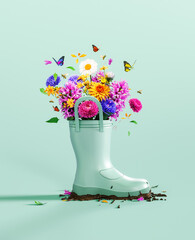 Green rubber boot full of colorful spring flowers with butterflies and bees on mint green background. Spring is here concept. 3D Rendering, 3D Illustration	 - obrazy, fototapety, plakaty