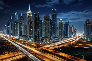 A stunning aerial view of a densely populated urban area dominated by an assortment of towering buildings, United Arab Emirates, Dubai, cityscape with Sheikh Zayed Road at night, AI Generated
