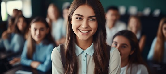 Obraz premium Smiling female teacher in classroom with students and copy space for text placement