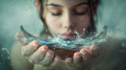 Beautiful girl in the water, girl's face close up, water in the palms