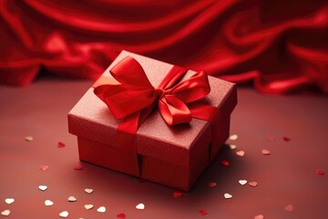 Obraz premium This red gift box with a matching bow is the perfect way to impress and delight your loved ones on any special occasion, Valentine gift box with red satin ribbon on red silk background, AI Generated