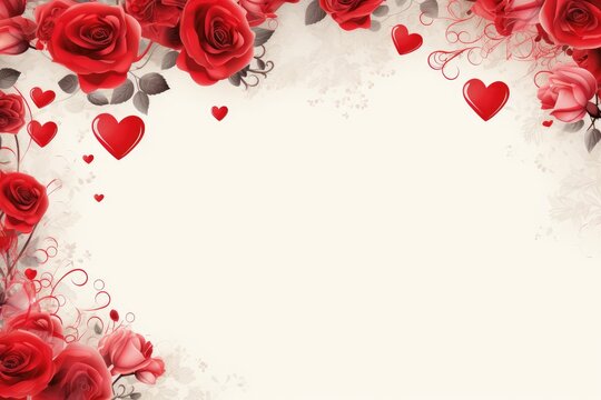 A captivating and visually striking image of red roses and hearts on a clean, white backdrop, valentine invitation with hearts and red roses, AI Generated