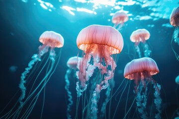 A mesmerizing photo capturing a group of jellyfish gracefully swimming in the vast, blue ocean, View of jellyfish in ocean, AI Generated