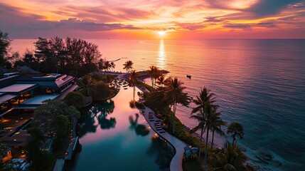Aerial view of luxury hotel and resort at sea beach in tropical sea at sunset with beautiful colors. Copy space for text.