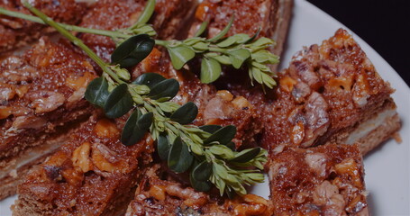 Traditional Walnut Cake on Plate Rotating.