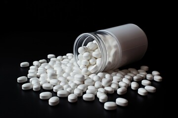 An image depicting pills overflowing from a bottle onto a black surface, highlighting a potential medication spillage, White medical pills or tablets with bottle on black background, AI Generated