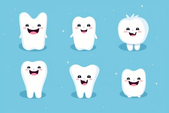 A fun and quirky photo showcasing a diverse group of cartoon teeth displaying an array of different expressions, bright picture of white cute funny smiling tooth characters with faces, AI Generated