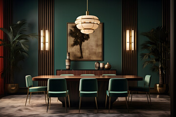 A dining room featuring a mix of streamlined Art Deco