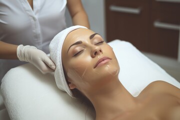 Fototapeta na wymiar A woman enjoys a relaxing facial massage treatment at a luxurious spa, improving her skin and promoting relaxation, Woman getting face beauty treatment in medical spa center, AI Generated