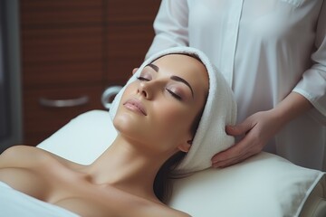 A woman is shown receiving a facial massage at a spa, enjoying a relaxing and rejuvenating experience, Woman getting face beauty treatment in medical spa center, AI Generated