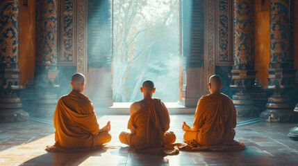 Monks in simple robes meditate in an ancient monastery, view from the back, soft morning light. Faith, asceticism.