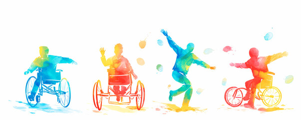 Obraz premium Colorful art watercolor painting depicts a diverse group of International Day of Disabled Persons, disability day, world on the wheelchair wheel, Autistic Awareness Day, healthcare concept