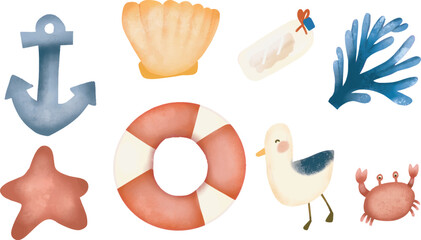 Vector hand drawn watercolor illustration set of shell, seagull, anchor,  crab and blue coral for nursery room, birthday invitation card