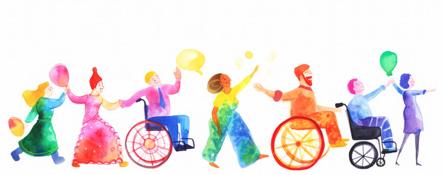 Colorful art watercolor painting depicts a diverse group of International Day of Disabled Persons, disability day, world on the wheelchair wheel, Autistic Awareness Day, healthcare concept