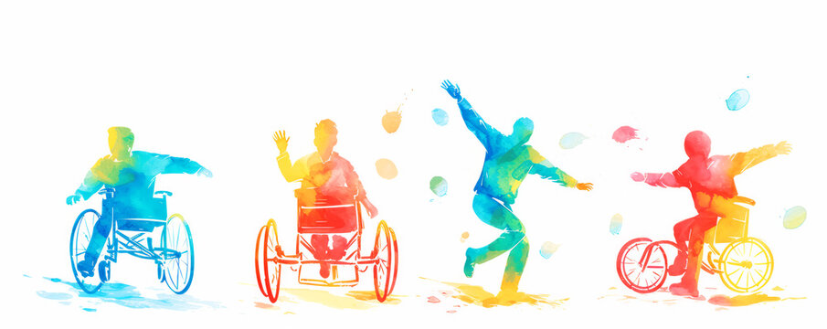Colorful art watercolor painting depicts a diverse group of International Day of Disabled Persons, disability day, world on the wheelchair wheel, Autistic Awareness Day, healthcare concept