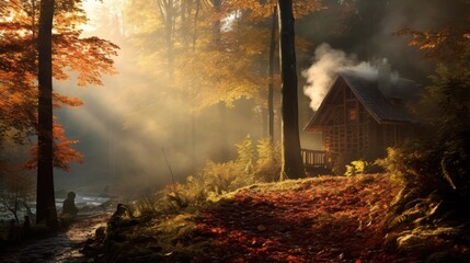 A small wooden cabin nestled among the trees