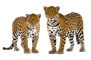 Two jaguars. Couple of wild cats are laying together, isolated on white background. Safari animals