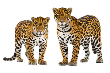 Obraz premium Two jaguars. Couple of wild cats are laying together, isolated on white background. Safari animals