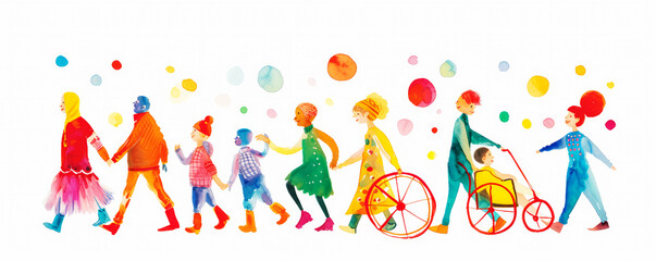 Fototapeta premium Colorful art watercolor painting depicts a diverse group of International Day of Disabled Persons, disability day, world on the wheelchair wheel, Autistic Awareness Day, healthcare concept
