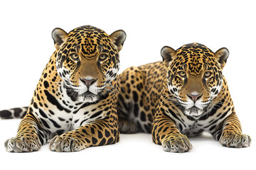 Obraz premium Two jaguars. Couple of wild cats are laying together, isolated on white background. Safari animals themes