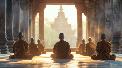 Monks in simple robes meditate in an ancient monastery, view from the back, soft morning light. Faith, asceticism. - obrazy, fototapety, plakaty