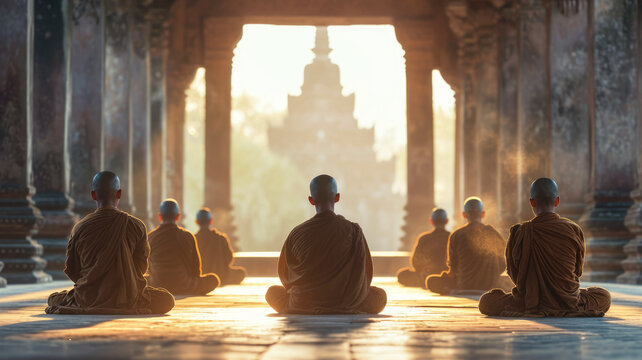 Monks in simple robes meditate in an ancient monastery, view from the back, soft morning light. Faith, asceticism.