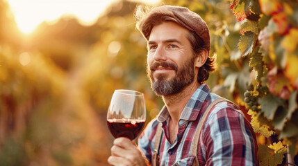 A middle-aged man winemaker holds a glass of red wine and smiles against the backdrop of a...