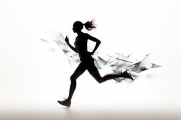 A powerful silhouette of a woman running gracefully against a clean white backdrop, Woman runner in silhouette on white background, Dynamic movement, AI Generated