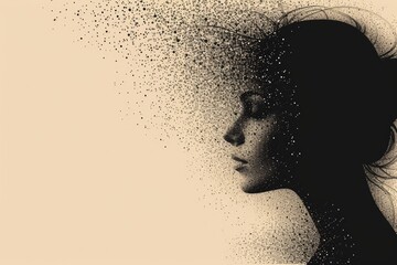 A woman's head silhouette covered in dots. Generative Ai. - obrazy, fototapety, plakaty