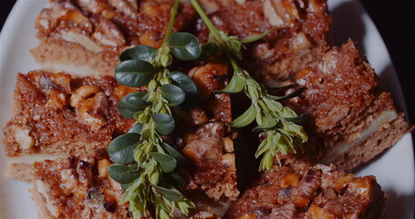 Traditional Walnut Cake on Plate Rotating.
