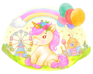 Illustration of a cute unicorn with a rainbow, balloons, and a carnival, perfect for children’s fantasy themes.