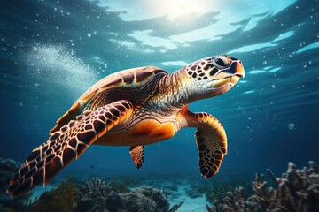 Obraz premium Green sea turtle swimming in the ocean. Underwater world. 3d rendering, Green sea turtle swimming in turquoise sea water, captured through an underwater photo, AI Generated