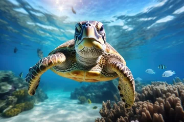 Foto auf Acrylglas Green sea turtle swimming in the blue ocean. Underwater shot, Green sea turtle swimming in turquoise sea water, captured through an underwater photo, AI Generated © Ifti Digital