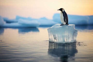 Penguin sitting on a block of ice in the ocean, single penguin on a piece of ice, AI Generated - obrazy, fototapety, plakaty